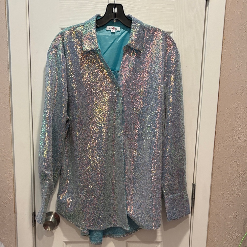 Glittery Button Down Shirt in Iridescent Blue